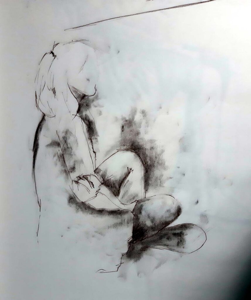 Houtskooltekennig op groot formaat, 200 x 100 cm. Schooljaar 2023 - 2024. Naar levend model.
