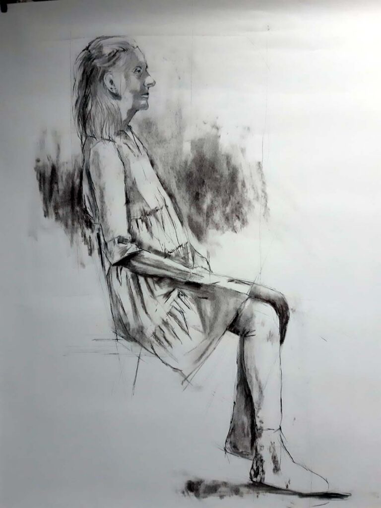 houtskooltekennig op groot formaat, 200 x 100 cm. Schooljaar 2023 - 2024. Naar levend model.