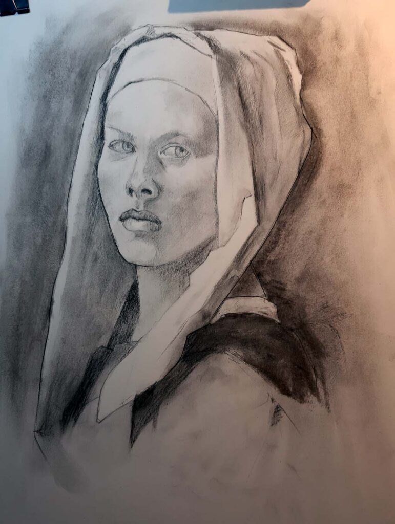 Thuis gemaakte tekening in houtskool, naar een foto van Pinterest. Houtskool en potlood.