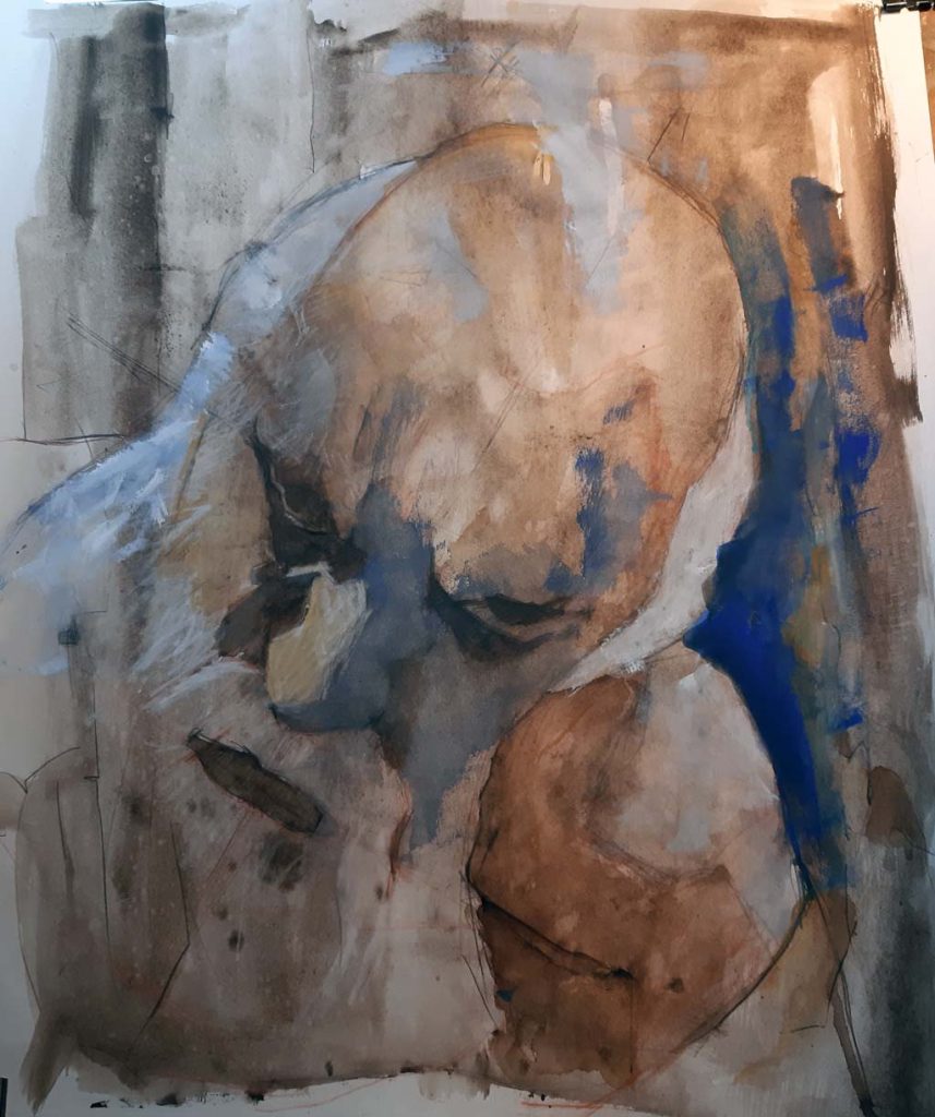 Tekening model Theo Arendonk academie. Mixed media op papier.