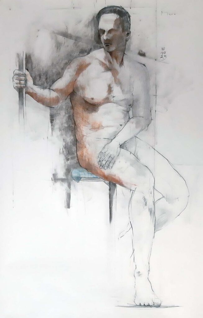 modeltekening met houtskool en pastelkrijt Contë sanguine. Afmeting 200 x 100 cm