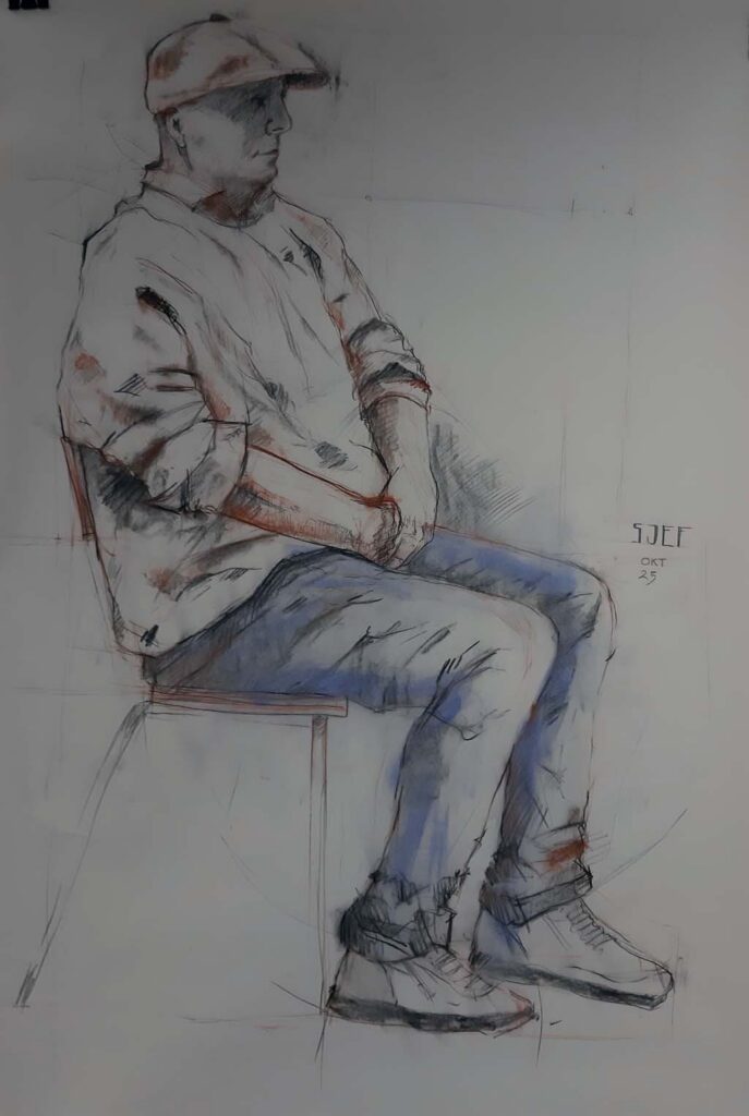 modeltekening met houtskool en pastelkrijt Conté sanguine en pigmentpoeder (blauw). Afmeting 200 x 100 cm.
