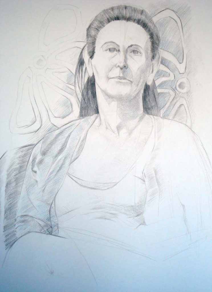Portrettekening Arendonk, kleurpotlood op witte ondergrond.