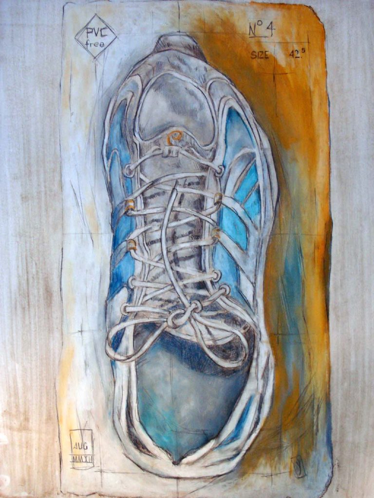 Tekening van een rechtersportschoen, maat 42,5. Mixed media