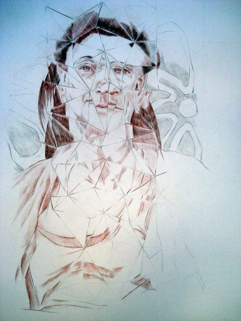 Tekening homemade naar aanleiding van een portrettekening. Gefacetteerde opzet.