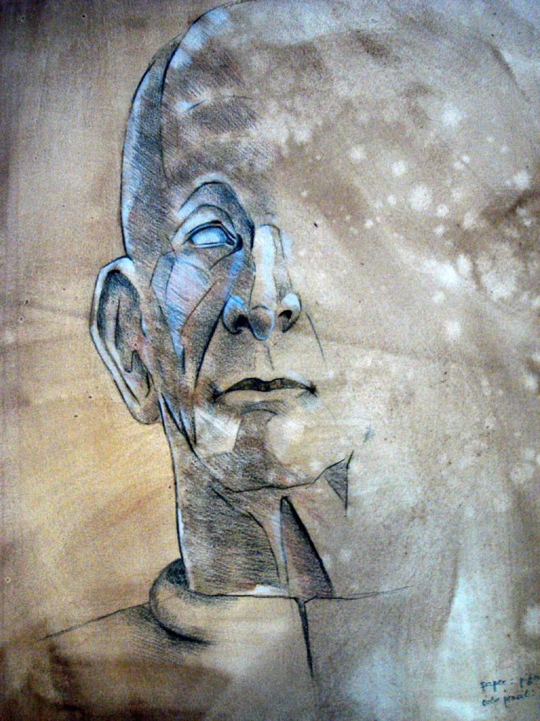 Portret op gekleurde ondergrond (papier). Mixed media, gemaakt in Arendonk academie.