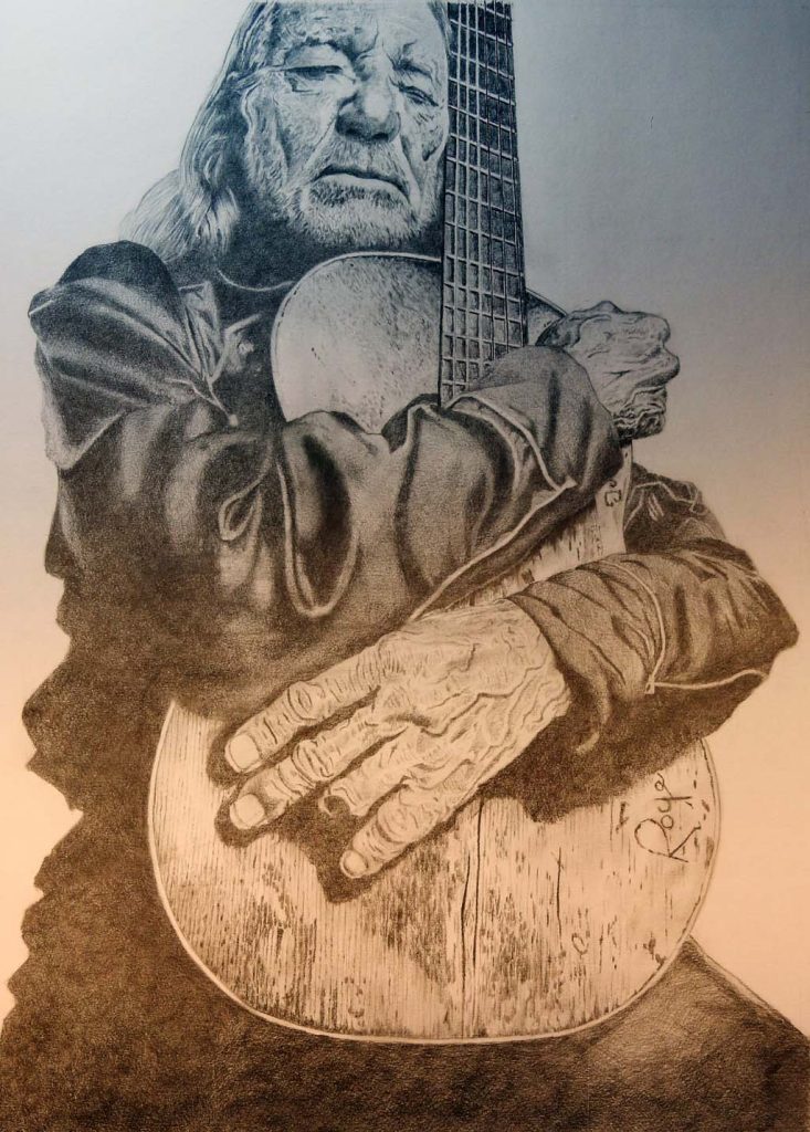 Grafiettekening van Willie Nelson. Naar foto van Pinterest. Afmeting ongeveer 40 x 50 cm.