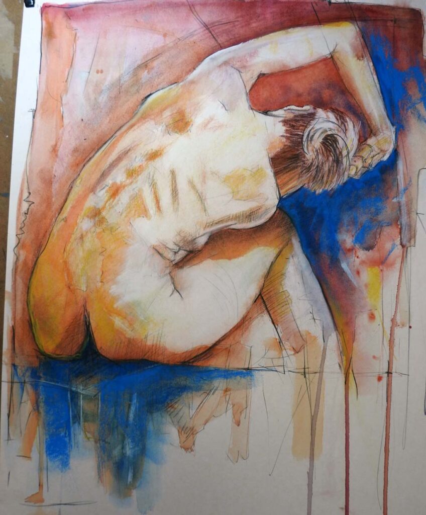 mixed media tekening met aquarel, pastelkrijt en Pierre noire potlood. afmeting ongeveer 50 x 60 cm