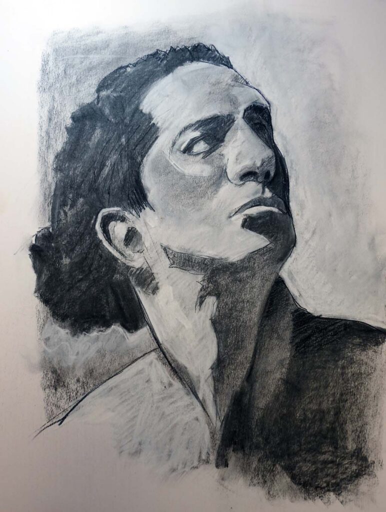 Tekening portret man. houtskool en wit krijt. Afmeting 50 x 60 cm. Naar Screenshot van NMA op YouTube