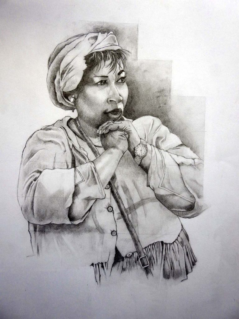 Grafiettekening naar eigen foto. "Hoedenverkoopmevrouw" op de markt in Barjac Frankrijk.