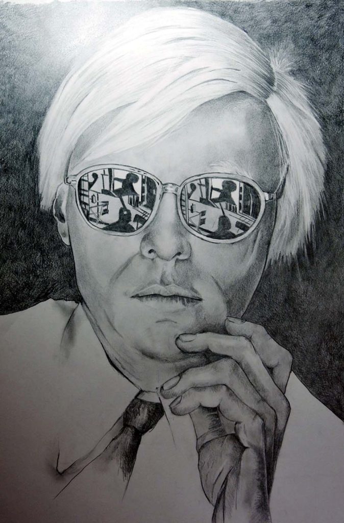 Tekening van Andy Warhol, naar foto van het internet. Grafietpotlood op papier. Afmeting ongeveer 40 x 50 cm.