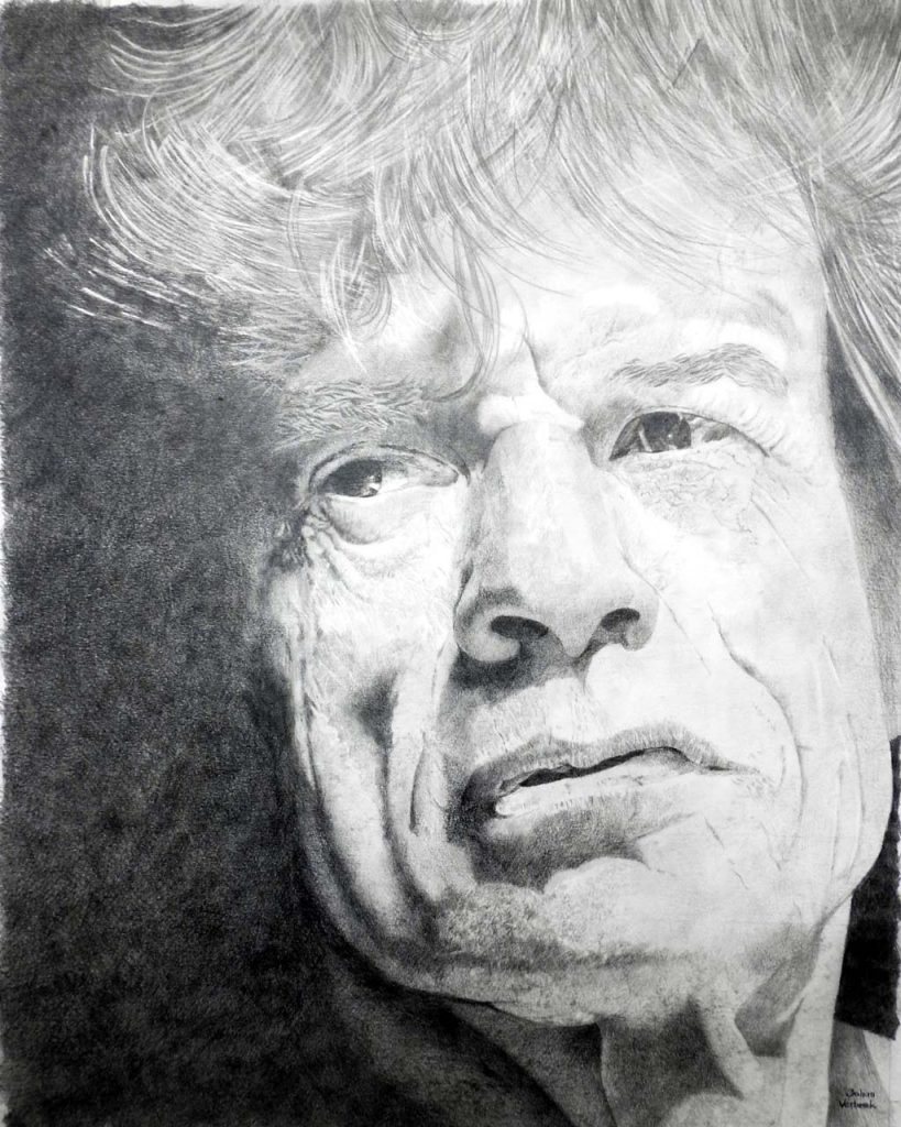 Grafiettekening naar foto van Mick Jagger. Afmeting ongever 40 x 50 cm.