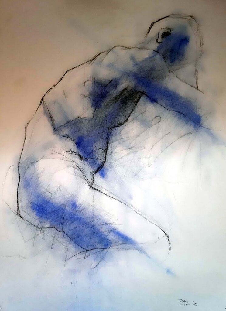 Tekeing in houtskool, zwart Conté krijt en blauw pigment. Formaat ongeveer 50 x 60 cm. Gemaakt in Arendonk, voorjaar 2025