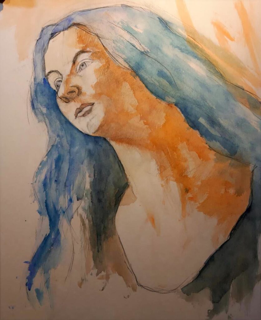 Tekening van Ingvild, naar een foto van model van SBA. Formaat ongeveer 40 x 50 cm. Materiaal aquarel en potlood Pierre Noire van Conté a Paris. Op papier 350 grams Gerstaecker
