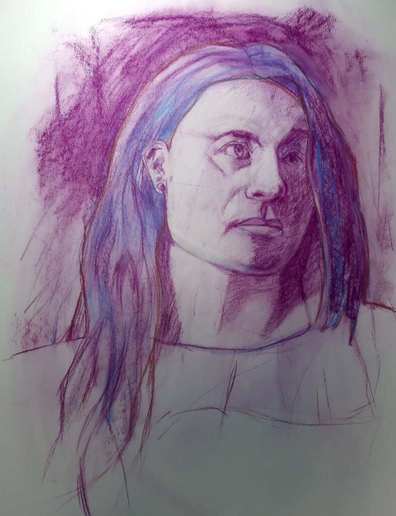 Tekening op wit papier met harde pastelkrijtjes van Conté a Paris, violet en licht-blauw. Foto gebruikt van SBA.