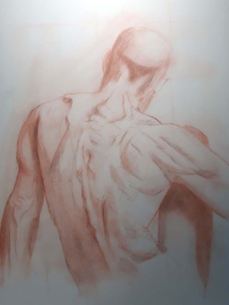 Met sanguine en sepia potlood gemaakte tekening van een model (foto van internet NMA) Ongeveer 50 x 60 cm.