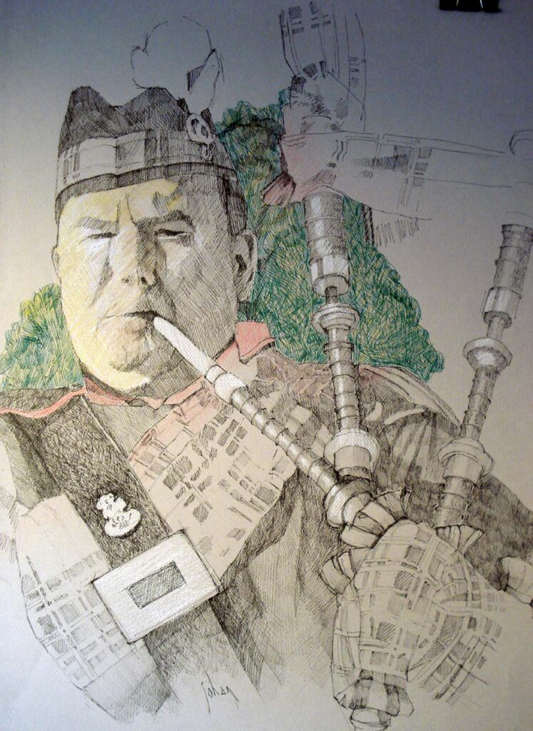 Doedelzakspeler, op een grijs papier met fineliner en kleurpotlood. Gebruik gemaakt van een eigen foto op Schots Fesival Alden Biesen.
