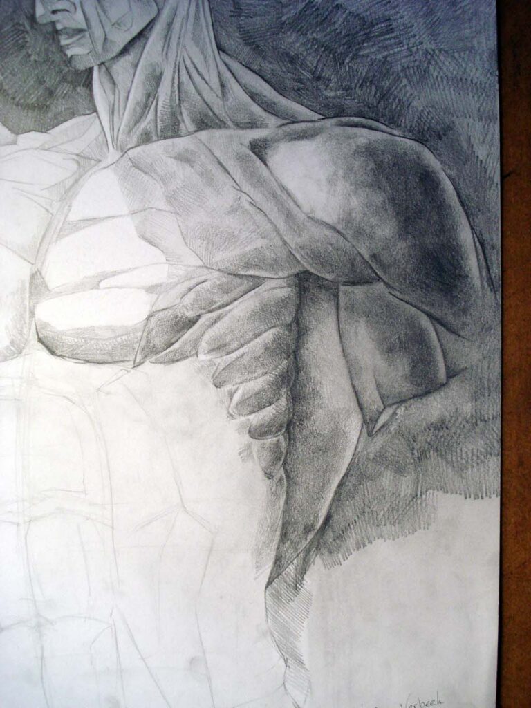 Potlood tekening op witte onndergrond. Gemaakt op de academie Arendonk. Formaat ongeveer 50 x 60 cm. Spierman Arendonk.