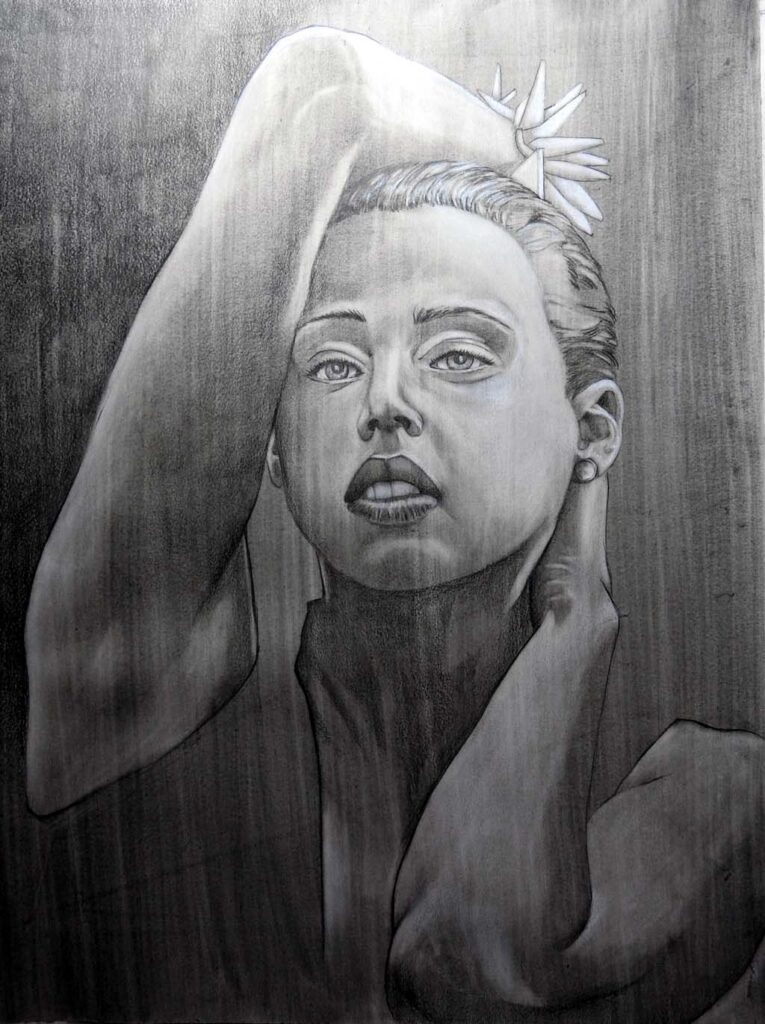 Tekening met grafiet potlood en een ondergrond van grijs pigment, vloeibaar gemaakt met water. Formaat ongeveer 50 x 65 cm.