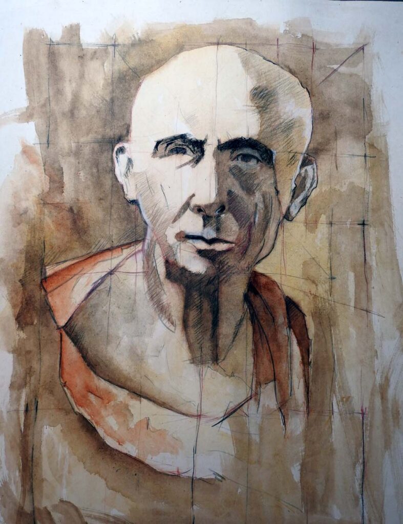 Aquarel van een zg pasteren beeld in Arendonk academie. Pierre Noire potlood (Conté a Paris) en aquarelverf. Studie naar gebruik van aard kleuren.