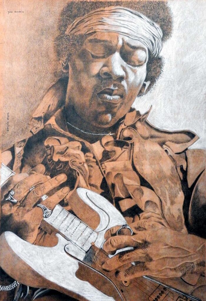 Tekening van Jimi Hendrix met bruin en wit kleurpotlood op gekleurde ondergrond. Formaat 60 x 80 cm